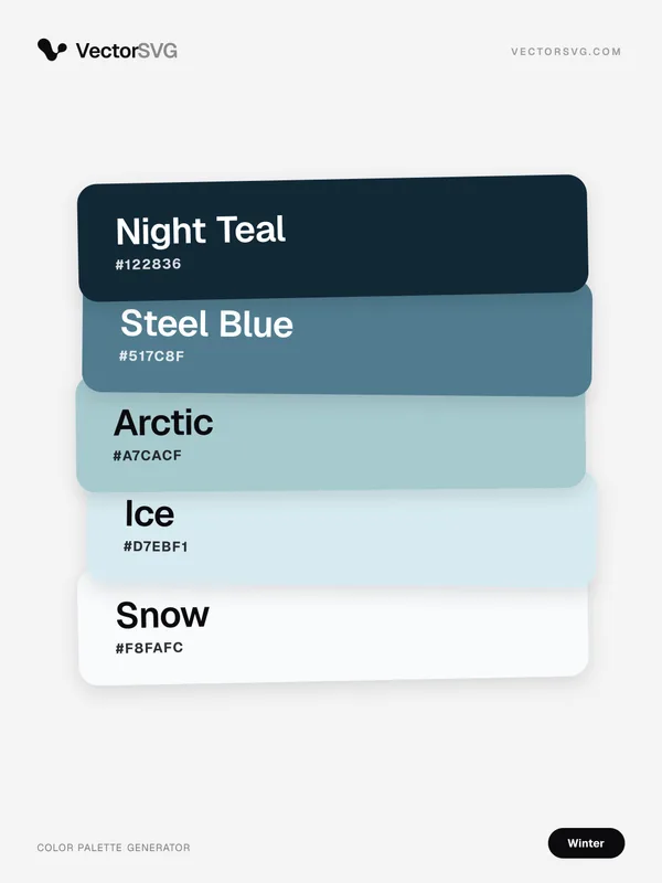 Glacier Breath Winter color palette: Night Teal #122836, Steel Blue #517C8F, Arctic #A7CACF, Ice #D7EBF1, Snow #F8FAFC Glacier Breath Winter color palette: Night Teal #122836, Steel Blue #517C8F, Arctic #A7CACF, Ice #D7EBF1, Snow #F8FAFC