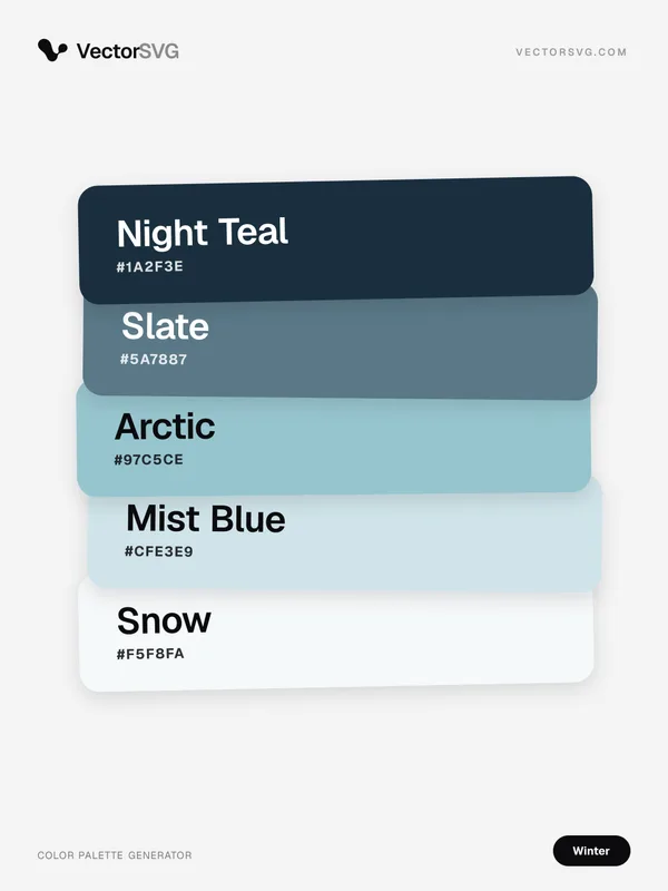 Glacier Cabin Winter color palette: Night Teal #1A2F3E, Slate #5A7887, Arctic #97C5CE, Mist Blue #CFE3E9, Snow #F5F8FA Glacier Cabin Winter color palette: Night Teal #1A2F3E, Slate #5A7887, Arctic #97C5CE, Mist Blue #CFE3E9, Snow #F5F8FA