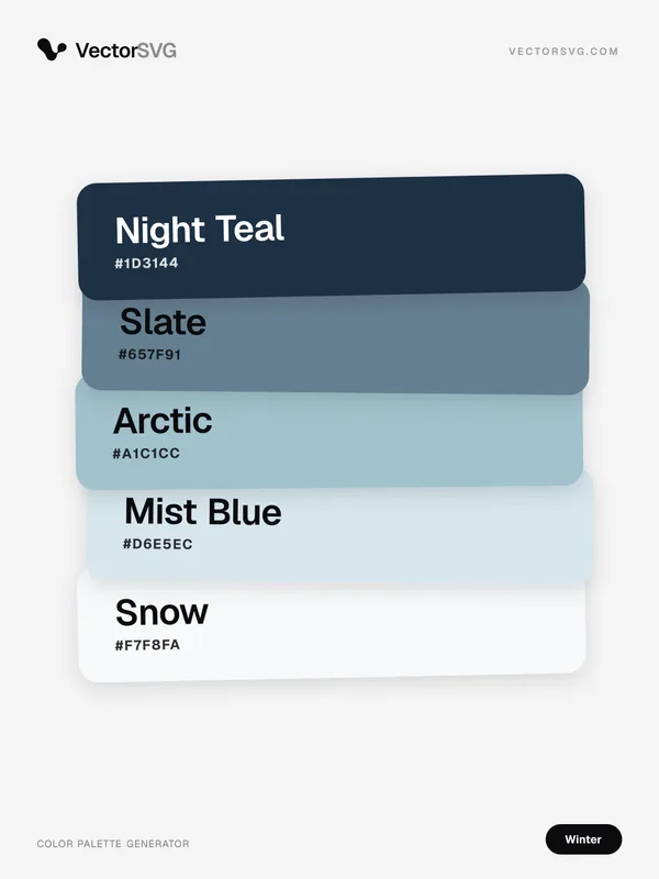 Glacier Fjord Winter color palette: Night Teal #1D3144, Slate #657F91, Arctic #A1C1CC, Mist Blue #D6E5EC, Snow #F7F8FA Glacier Fjord Winter color palette: Night Teal #1D3144, Slate #657F91, Arctic #A1C1CC, Mist Blue #D6E5EC, Snow #F7F8FA