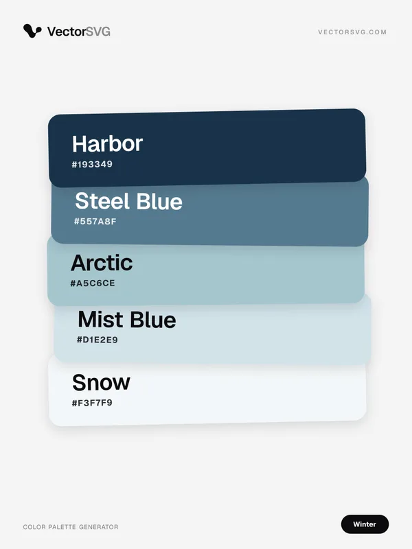 Glacier Fjord Winter color palette: Harbor #193349, Steel Blue #557A8F, Arctic #A5C6CE, Mist Blue #D1E2E9, Snow #F3F7F9 Glacier Fjord Winter color palette: Harbor #193349, Steel Blue #557A8F, Arctic #A5C6CE, Mist Blue #D1E2E9, Snow #F3F7F9