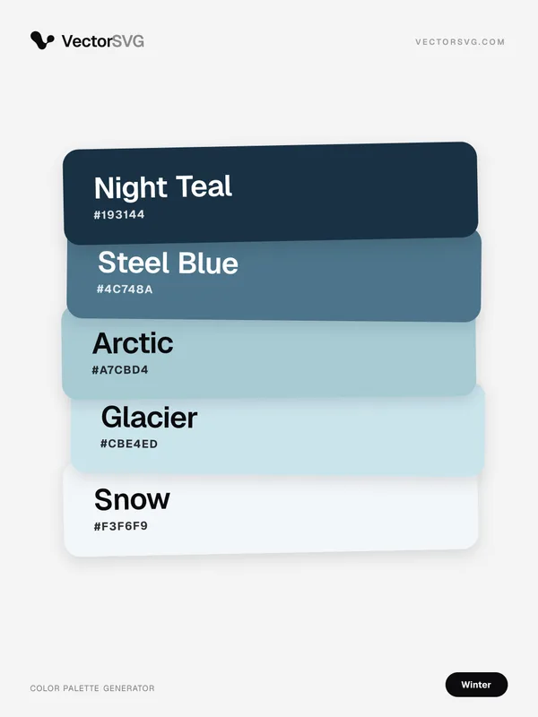 Glacier Frost Winter color palette: Night Teal #193144, Steel Blue #4C748A, Arctic #A7CBD4, Glacier #CBE4ED, Snow #F3F6F9 Glacier Frost Winter color palette: Night Teal #193144, Steel Blue #4C748A, Arctic #A7CBD4, Glacier #CBE4ED, Snow #F3F6F9