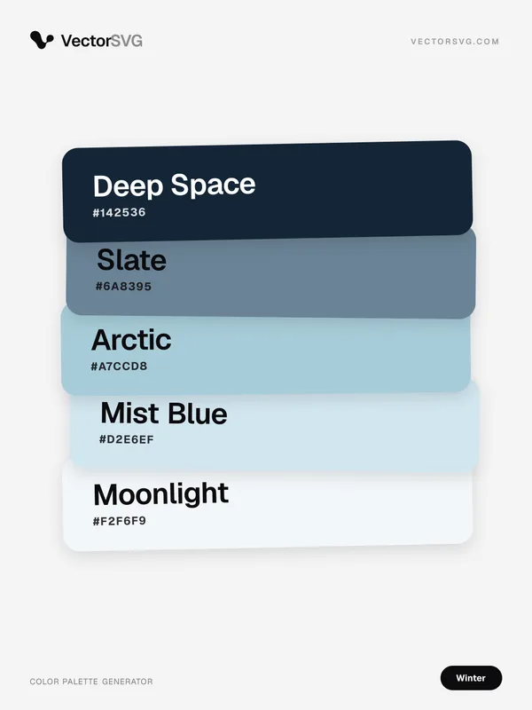 Glacier Frost Winter color palette: Deep Space #142536, Slate #6A8395, Arctic #A7CCD8, Mist Blue #D2E6EF, Moonlight #F2F6F9 Glacier Frost Winter color palette: Deep Space #142536, Slate #6A8395, Arctic #A7CCD8, Mist Blue #D2E6EF, Moonlight #F2F6F9