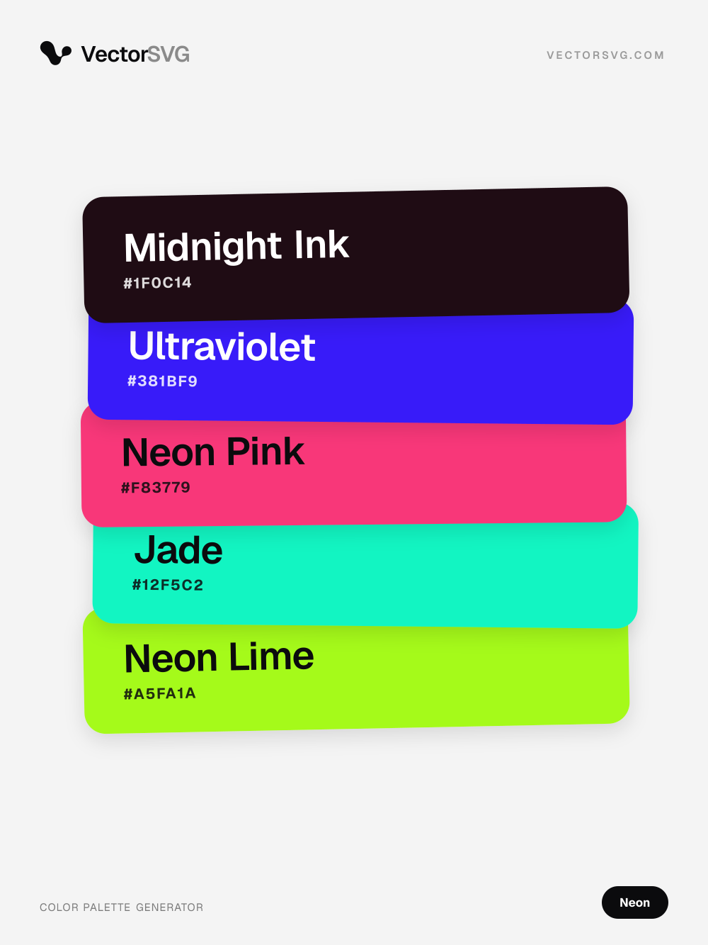 Glitch Signal Neon color palette: Midnight Ink #1F0C14, Ultraviolet #381BF9, Neon Pink #F83779, Jade #12F5C2, Neon Lime #A5FA1A Glitch Signal Neon color palette: Midnight Ink #1F0C14, Ultraviolet #381BF9, Neon Pink #F83779, Jade #12F5C2, Neon Lime #A5FA1A