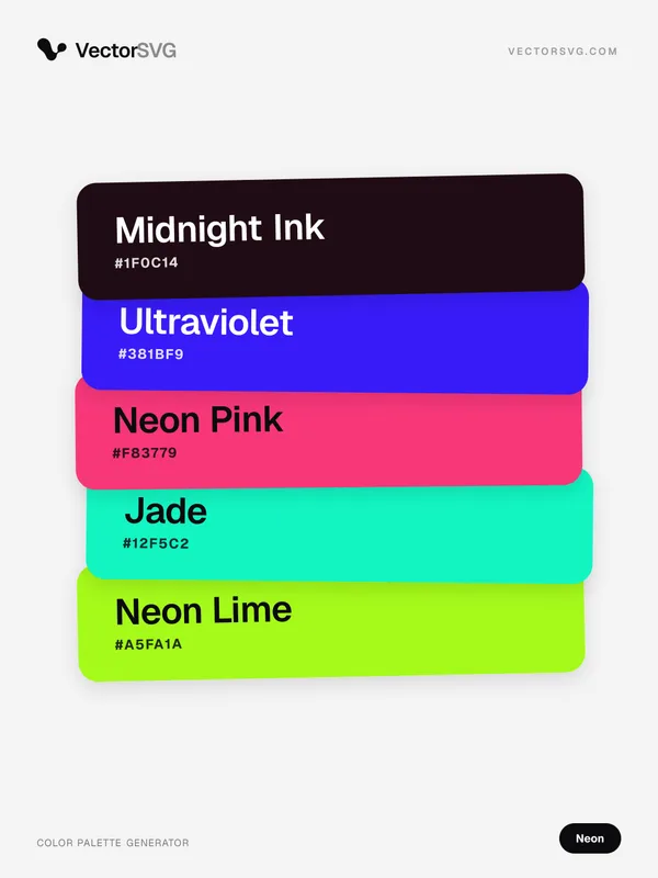 Farbpalette Glitch Signal (Neon): Midnight Ink #1F0C14, Ultraviolet #381BF9, Neon Pink #F83779, Jade #12F5C2, Neon Lime #A5FA1A Farbpalette Glitch Signal (Neon): Midnight Ink #1F0C14, Ultraviolet #381BF9, Neon Pink #F83779, Jade #12F5C2, Neon Lime #A5FA1A