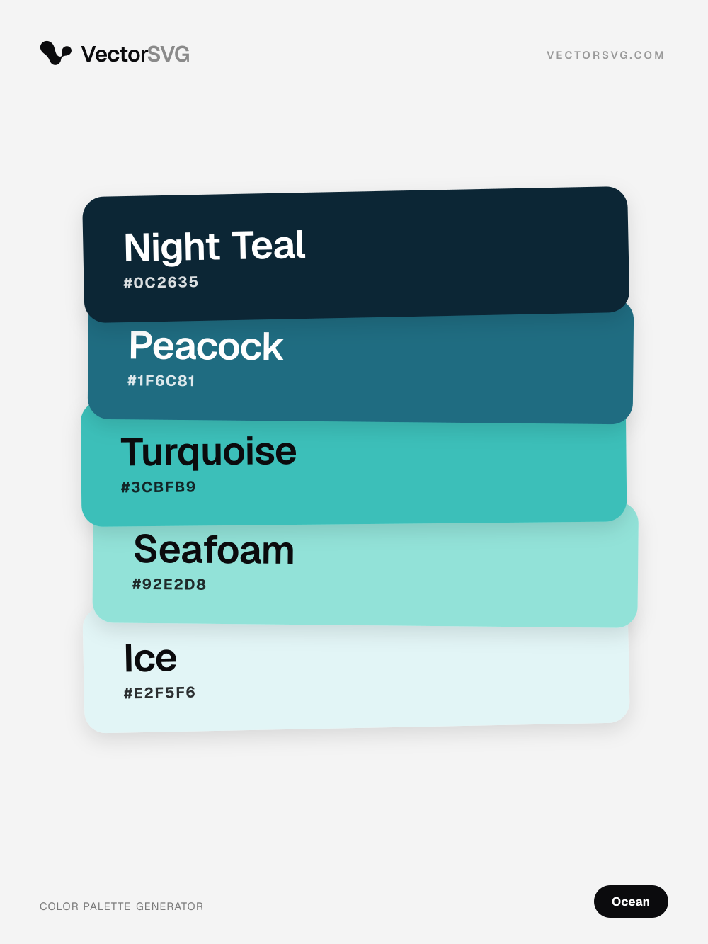 Paleta de cores Harbor Waves (Oceano): Night Teal #0C2635, Peacock #1F6C81, Turquoise #3CBFB9, Seafoam #92E2D8, Ice #E2F5F6 Paleta de cores Harbor Waves (Oceano): Night Teal #0C2635, Peacock #1F6C81, Turquoise #3CBFB9, Seafoam #92E2D8, Ice #E2F5F6