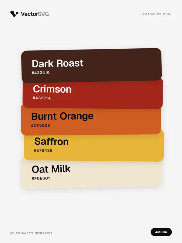Harvest Fire Autumn color palette: Dark Roast #432419, Crimson #A3271A, Burnt Orange #CF5E22, Saffron #E7B438, Oat Milk #F0E6D1