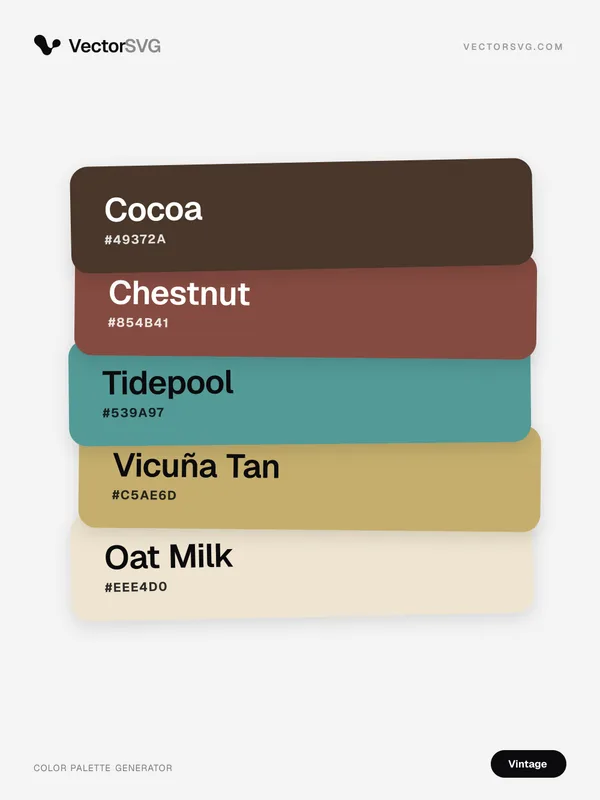 Heirloom Letter Vintage color palette: Cocoa #49372A, Chestnut #854B41, Tidepool #539A97, Vicuña Tan #C5AE6D, Oat Milk #EEE4D0 Heirloom Letter Vintage color palette: Cocoa #49372A, Chestnut #854B41, Tidepool #539A97, Vicuña Tan #C5AE6D, Oat Milk #EEE4D0
