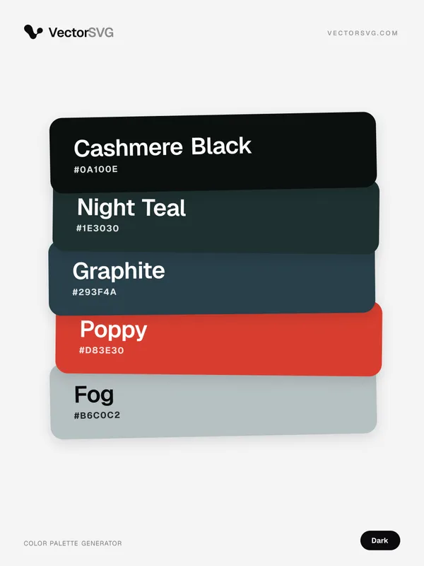 Farbpalette Ink Mode (Dunkel): Cashmere Black #0A100E, Night Teal #1E3030, Graphite #293F4A, Poppy #D83E30, Fog #B6C0C2