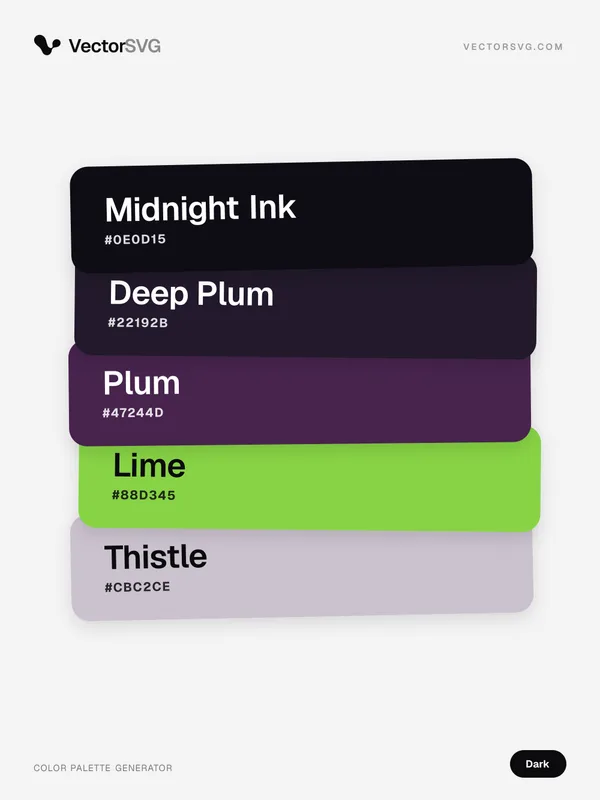Farbpalette Ink Velvet (Dunkel): Midnight Ink #0E0D15, Deep Plum #22192B, Plum #47244D, Lime #88D345, Thistle #CBC2CE