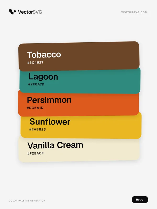 Jukebox Radio Retro color palette: Tobacco #6C4627, Lagoon #2F8A7D, Persimmon #DC5A1D, Sunflower #EAB823, Vanilla Cream #F2EACF