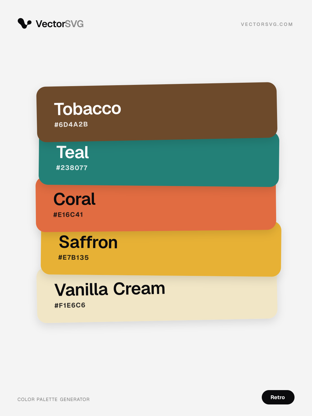 Farbpalette Jukebox Road Trip (Retro): Tobacco #6D4A2B, Teal #238077, Coral #E16C41, Saffron #E7B135, Vanilla Cream #F1E6C6 Farbpalette Jukebox Road Trip (Retro): Tobacco #6D4A2B, Teal #238077, Coral #E16C41, Saffron #E7B135, Vanilla Cream #F1E6C6