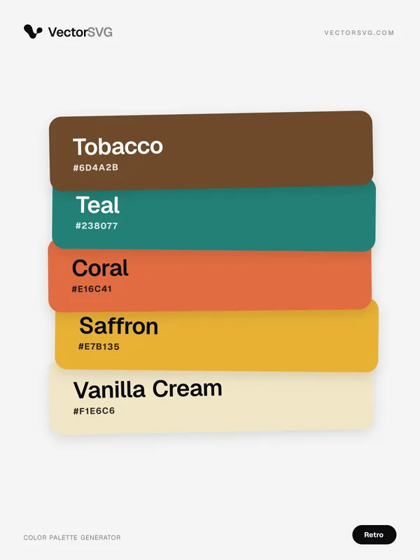 Jukebox Road Trip Retro color palette: Tobacco #6D4A2B, Teal #238077, Coral #E16C41, Saffron #E7B135, Vanilla Cream #F1E6C6