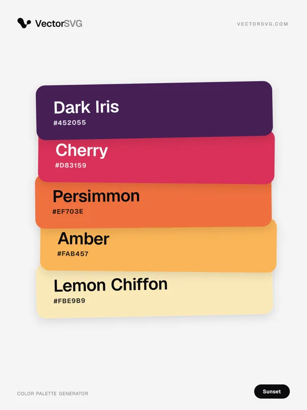 Farbpalette Malibu Hour (Sonnenuntergang): Dark Iris #452055, Cherry #D83159, Persimmon #EF703E, Amber #FAB457, Lemon Chiffon #FBE9B9 Farbpalette Malibu Hour (Sonnenuntergang): Dark Iris #452055, Cherry #D83159, Persimmon #EF703E, Amber #FAB457, Lemon Chiffon #FBE9B9