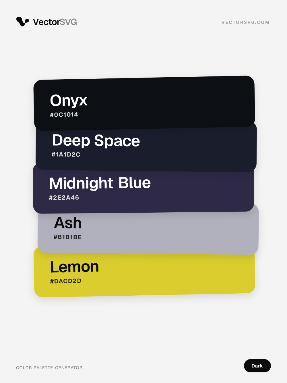 Farbpalette Midnight Lounge (Dunkel): Onyx #0C1014, Deep Space #1A1D2C, Midnight Blue #2E2A46, Ash #B1B1BE, Lemon #DACD2D Farbpalette Midnight Lounge (Dunkel): Onyx #0C1014, Deep Space #1A1D2C, Midnight Blue #2E2A46, Ash #B1B1BE, Lemon #DACD2D