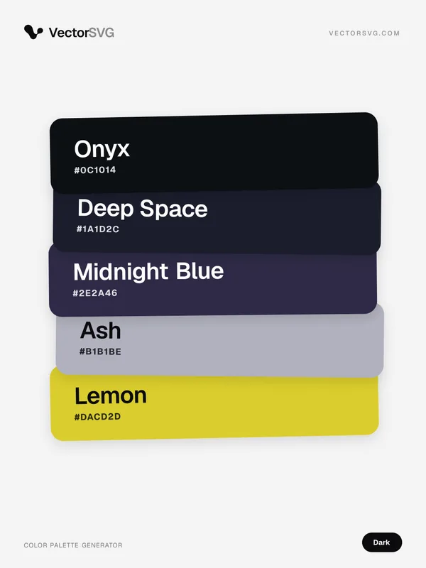 Farbpalette Midnight Lounge (Dunkel): Onyx #0C1014, Deep Space #1A1D2C, Midnight Blue #2E2A46, Ash #B1B1BE, Lemon #DACD2D