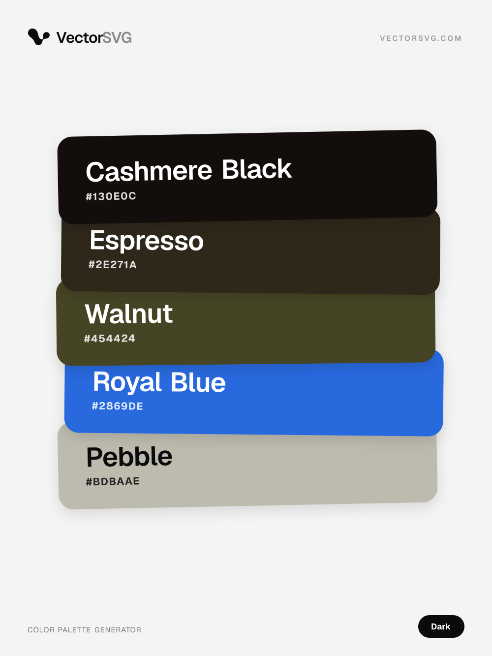 Farbpalette Midnight Orbit (Dunkel): Cashmere Black #130E0C, Espresso #2E271A, Walnut #454424, Royal Blue #2869DE, Pebble #BDBAAE Farbpalette Midnight Orbit (Dunkel): Cashmere Black #130E0C, Espresso #2E271A, Walnut #454424, Royal Blue #2869DE, Pebble #BDBAAE