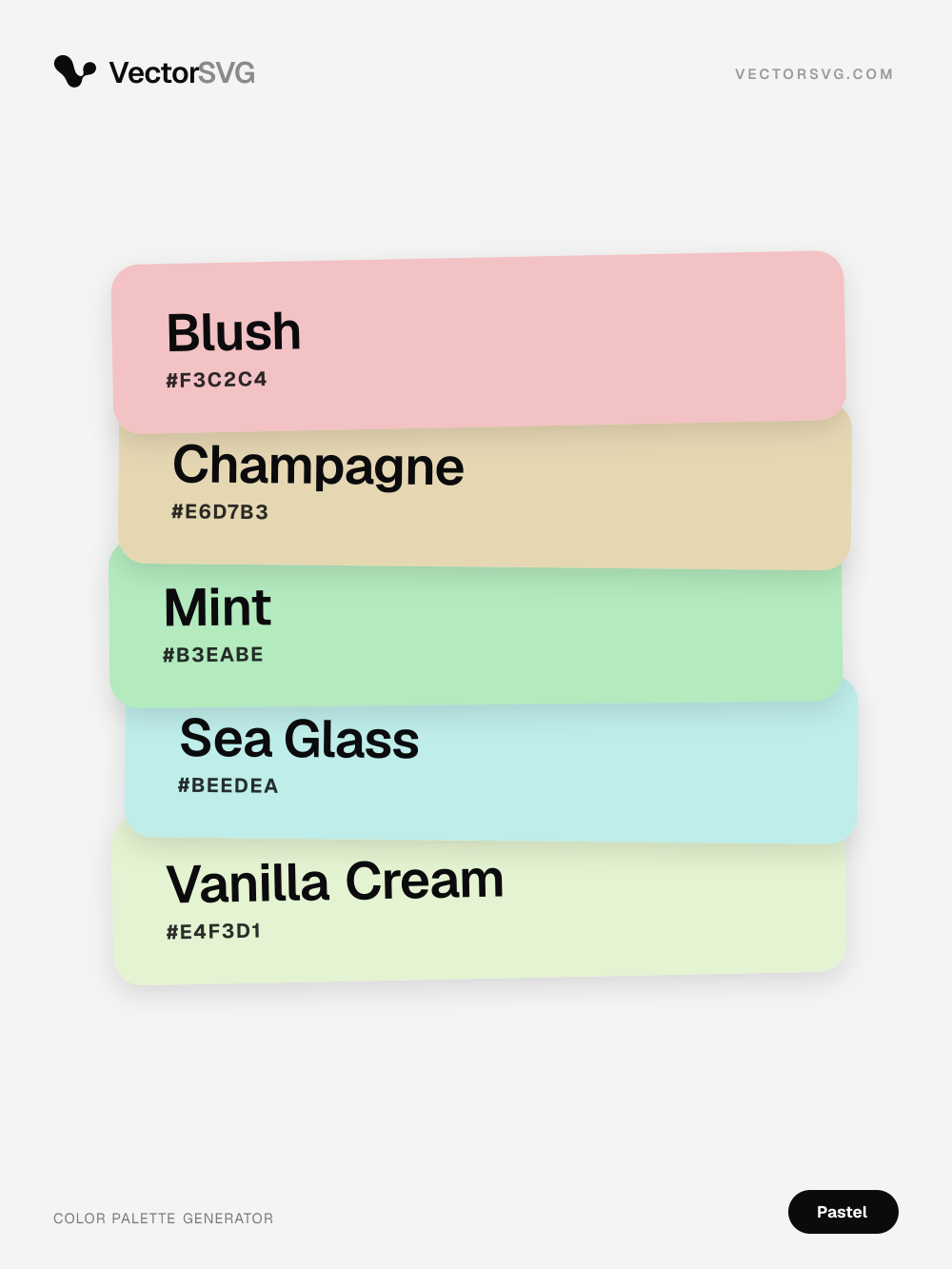 Farbpalette Milky Bloom (Pastell): Blush #F3C2C4, Champagne #E6D7B3, Mint #B3EABE, Sea Glass #BEEDEA, Vanilla Cream #E4F3D1 Farbpalette Milky Bloom (Pastell): Blush #F3C2C4, Champagne #E6D7B3, Mint #B3EABE, Sea Glass #BEEDEA, Vanilla Cream #E4F3D1