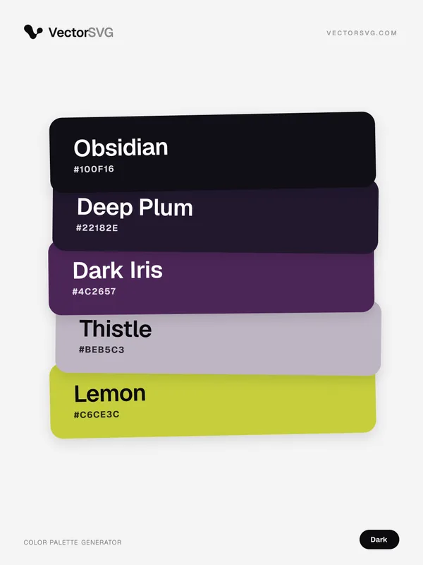 Farbpalette Obsidian Club (Dunkel): Obsidian #100F16, Deep Plum #22182E, Dark Iris #4C2657, Thistle #BEB5C3, Lemon #C6CE3C