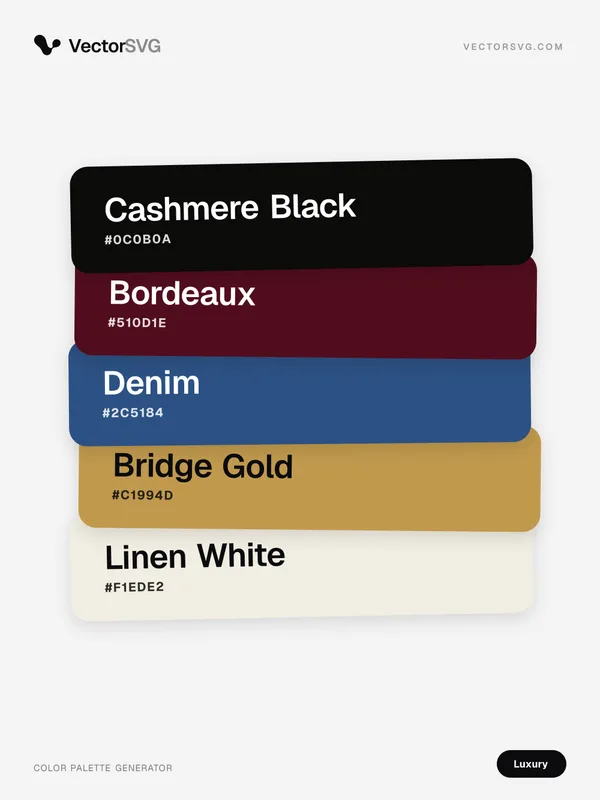 Farbpalette Opulent Monogram (Luxus): Cashmere Black #0C0B0A, Bordeaux #510D1E, Denim #2C5184, Bridge Gold #C1994D, Linen White #F1EDE2 Farbpalette Opulent Monogram (Luxus): Cashmere Black #0C0B0A, Bordeaux #510D1E, Denim #2C5184, Bridge Gold #C1994D, Linen White #F1EDE2