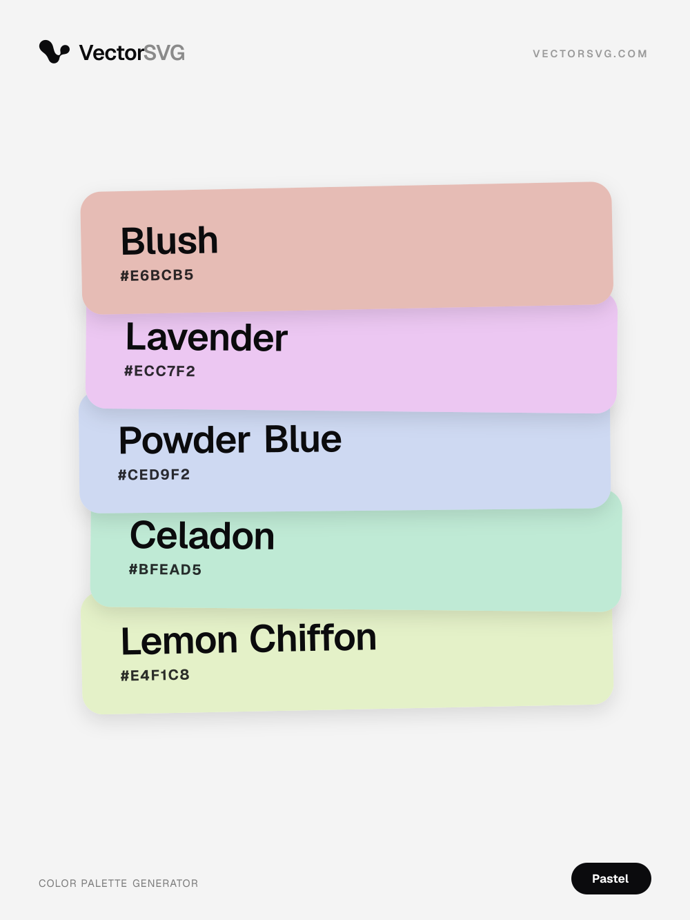 Farbpalette Powder Bloom (Pastell): Blush #E6BCB5, Lavender #ECC7F2, Powder Blue #CED9F2, Celadon #BFEAD5, Lemon Chiffon #E4F1C8 Farbpalette Powder Bloom (Pastell): Blush #E6BCB5, Lavender #ECC7F2, Powder Blue #CED9F2, Celadon #BFEAD5, Lemon Chiffon #E4F1C8