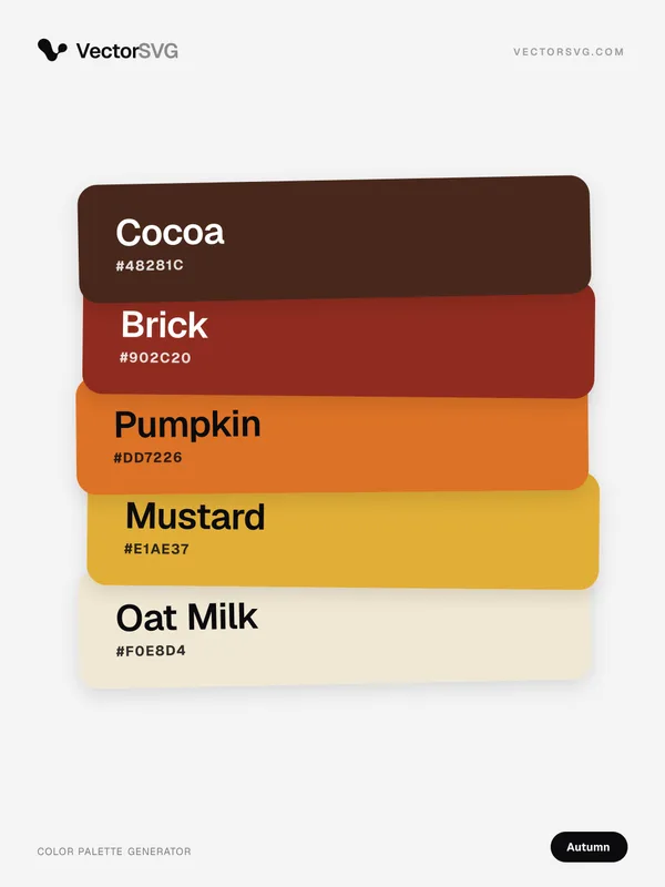 Pumpkin Fire Autumn color palette: Cocoa #48281C, Brick #902C20, Pumpkin #DD7226, Mustard #E1AE37, Oat Milk #F0E8D4