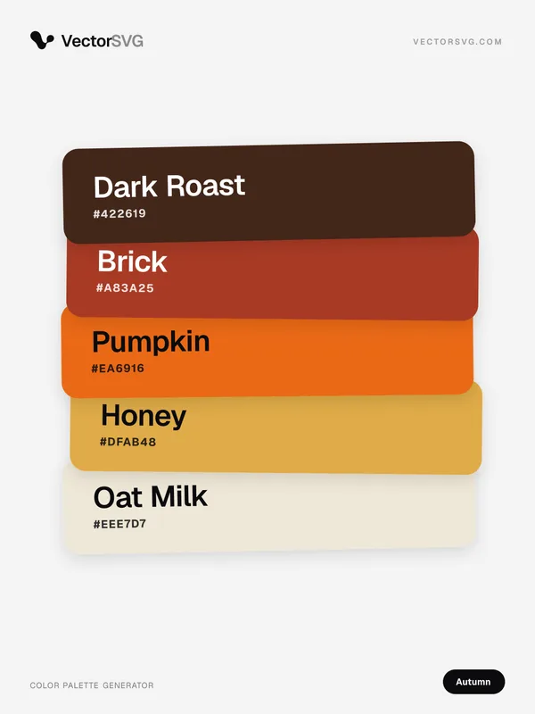 Pumpkin Fire Autumn color palette: Dark Roast #422619, Brick #A83A25, Pumpkin #EA6916, Honey #DFAB48, Oat Milk #EEE7D7