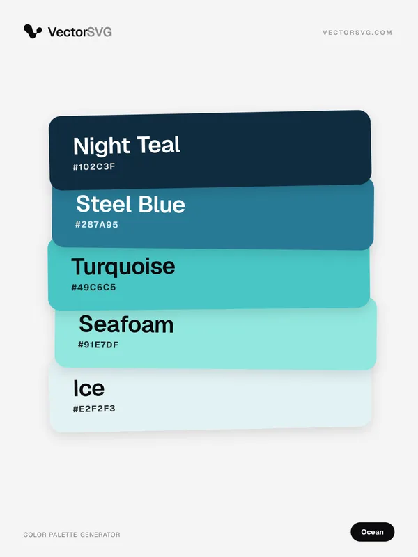 Paleta de cores Reef Coast (Oceano): Night Teal #102C3F, Steel Blue #287A95, Turquoise #49C6C5, Seafoam #91E7DF, Ice #E2F2F3 Paleta de cores Reef Coast (Oceano): Night Teal #102C3F, Steel Blue #287A95, Turquoise #49C6C5, Seafoam #91E7DF, Ice #E2F2F3