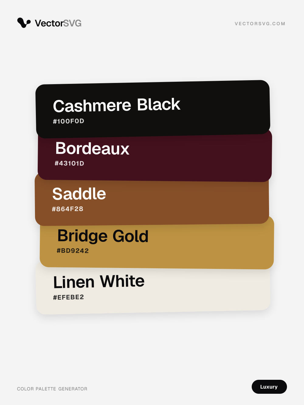 Royal Reserve Lüks renk paleti: Cashmere Black #100F0D, Bordeaux #43101D, Saddle #864F28, Bridge Gold #BD9242, Linen White #EFEBE2 Royal Reserve Lüks renk paleti: Cashmere Black #100F0D, Bordeaux #43101D, Saddle #864F28, Bridge Gold #BD9242, Linen White #EFEBE2
