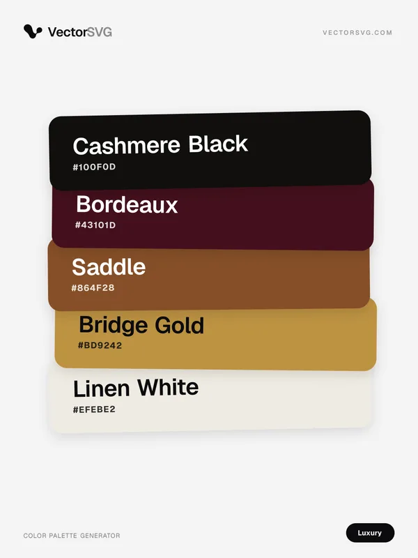Farbpalette Royal Reserve (Luxus): Cashmere Black #100F0D, Bordeaux #43101D, Saddle #864F28, Bridge Gold #BD9242, Linen White #EFEBE2 Farbpalette Royal Reserve (Luxus): Cashmere Black #100F0D, Bordeaux #43101D, Saddle #864F28, Bridge Gold #BD9242, Linen White #EFEBE2