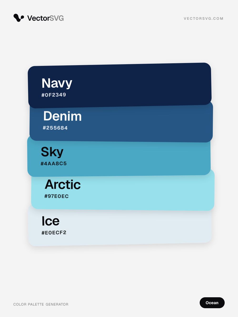 Salt Coast Ocean color palette: Navy #0F2349, Denim #255684, Sky #4AA8C5, Arctic #97E0EC, Ice #E0ECF2 Salt Coast Ocean color palette: Navy #0F2349, Denim #255684, Sky #4AA8C5, Arctic #97E0EC, Ice #E0ECF2