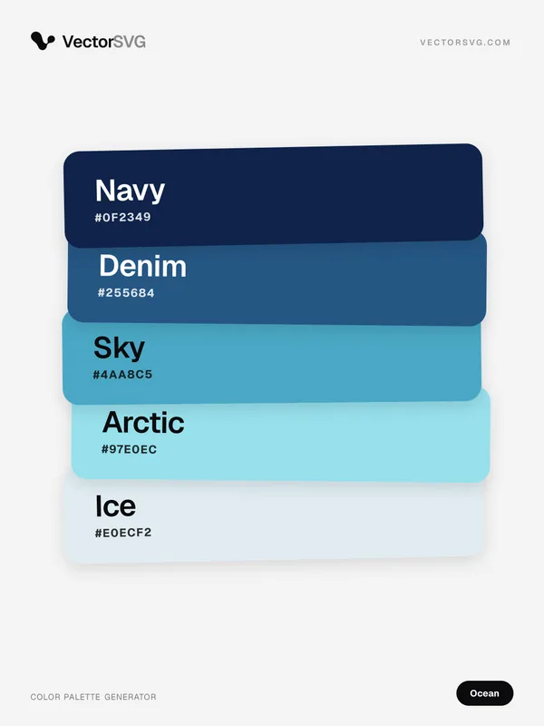 Salt Coast Ocean color palette: Navy #0F2349, Denim #255684, Sky #4AA8C5, Arctic #97E0EC, Ice #E0ECF2 Salt Coast Ocean color palette: Navy #0F2349, Denim #255684, Sky #4AA8C5, Arctic #97E0EC, Ice #E0ECF2