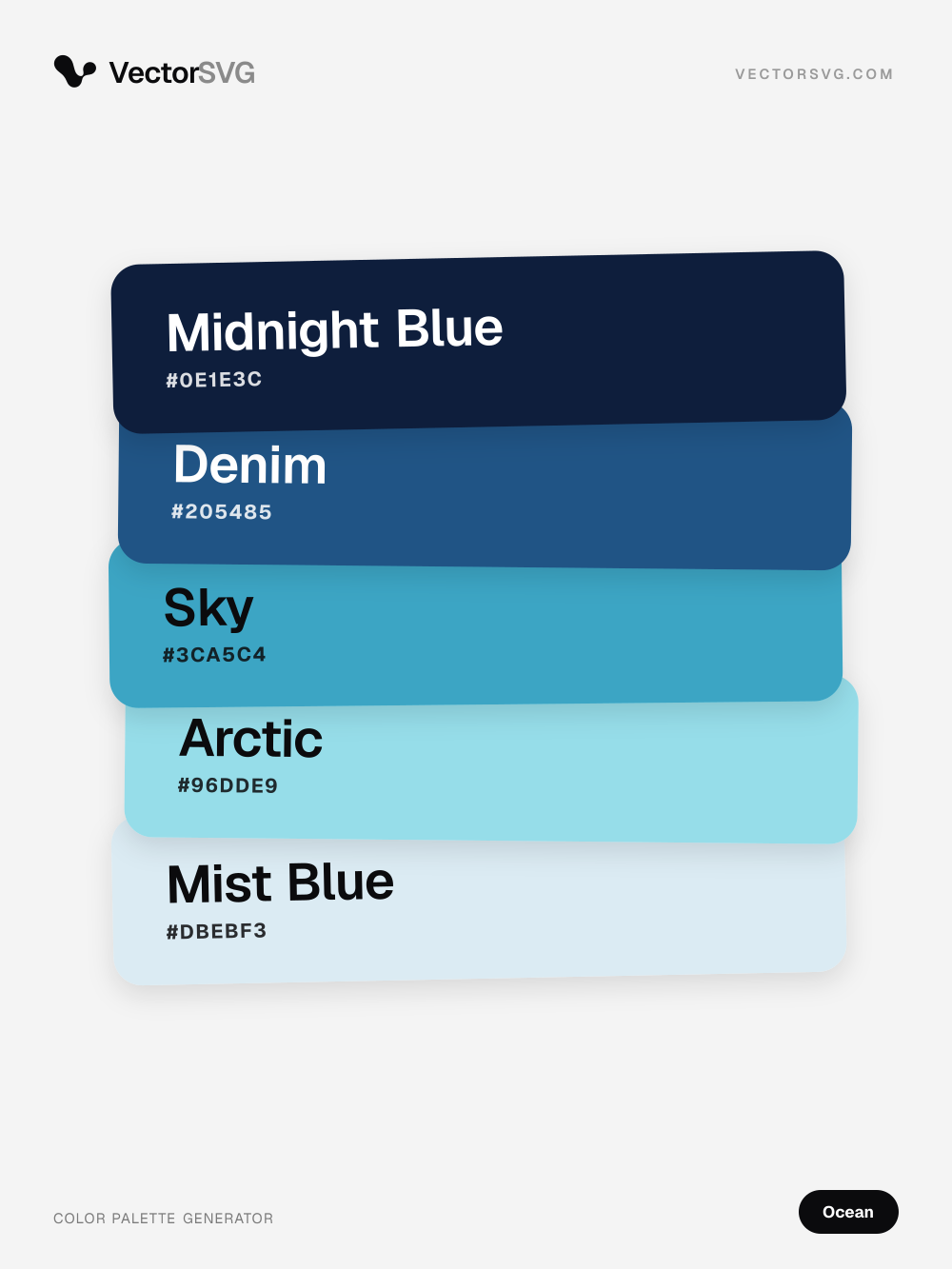Farbpalette Salt Tide (Ozean): Midnight Blue #0E1E3C, Denim #205485, Sky #3CA5C4, Arctic #96DDE9, Mist Blue #DBEBF3 Farbpalette Salt Tide (Ozean): Midnight Blue #0E1E3C, Denim #205485, Sky #3CA5C4, Arctic #96DDE9, Mist Blue #DBEBF3