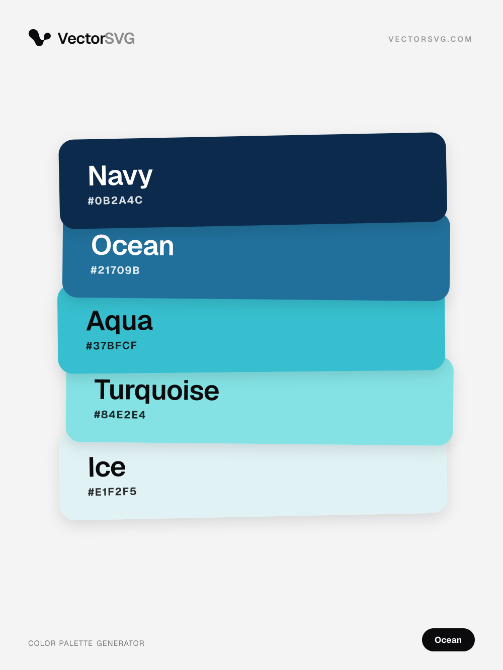 Paleta de cores Salt Waves (Oceano): Navy #0B2A4C, Ocean #21709B, Aqua #37BFCF, Turquoise #84E2E4, Ice #E1F2F5 Paleta de cores Salt Waves (Oceano): Navy #0B2A4C, Ocean #21709B, Aqua #37BFCF, Turquoise #84E2E4, Ice #E1F2F5