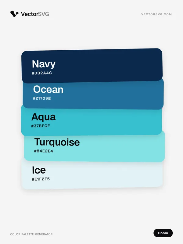 Salt Waves Ocean color palette: Navy #0B2A4C, Ocean #21709B, Aqua #37BFCF, Turquoise #84E2E4, Ice #E1F2F5 Salt Waves Ocean color palette: Navy #0B2A4C, Ocean #21709B, Aqua #37BFCF, Turquoise #84E2E4, Ice #E1F2F5