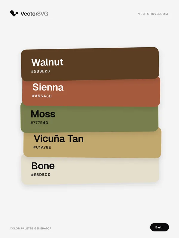 Farbpalette Savanna Hearth (Erdtöne): Walnut #5B3E23, Sienna #A55A3D, Moss #777E4D, Vicuña Tan #C1A76E, Bone #E5DECD Farbpalette Savanna Hearth (Erdtöne): Walnut #5B3E23, Sienna #A55A3D, Moss #777E4D, Vicuña Tan #C1A76E, Bone #E5DECD