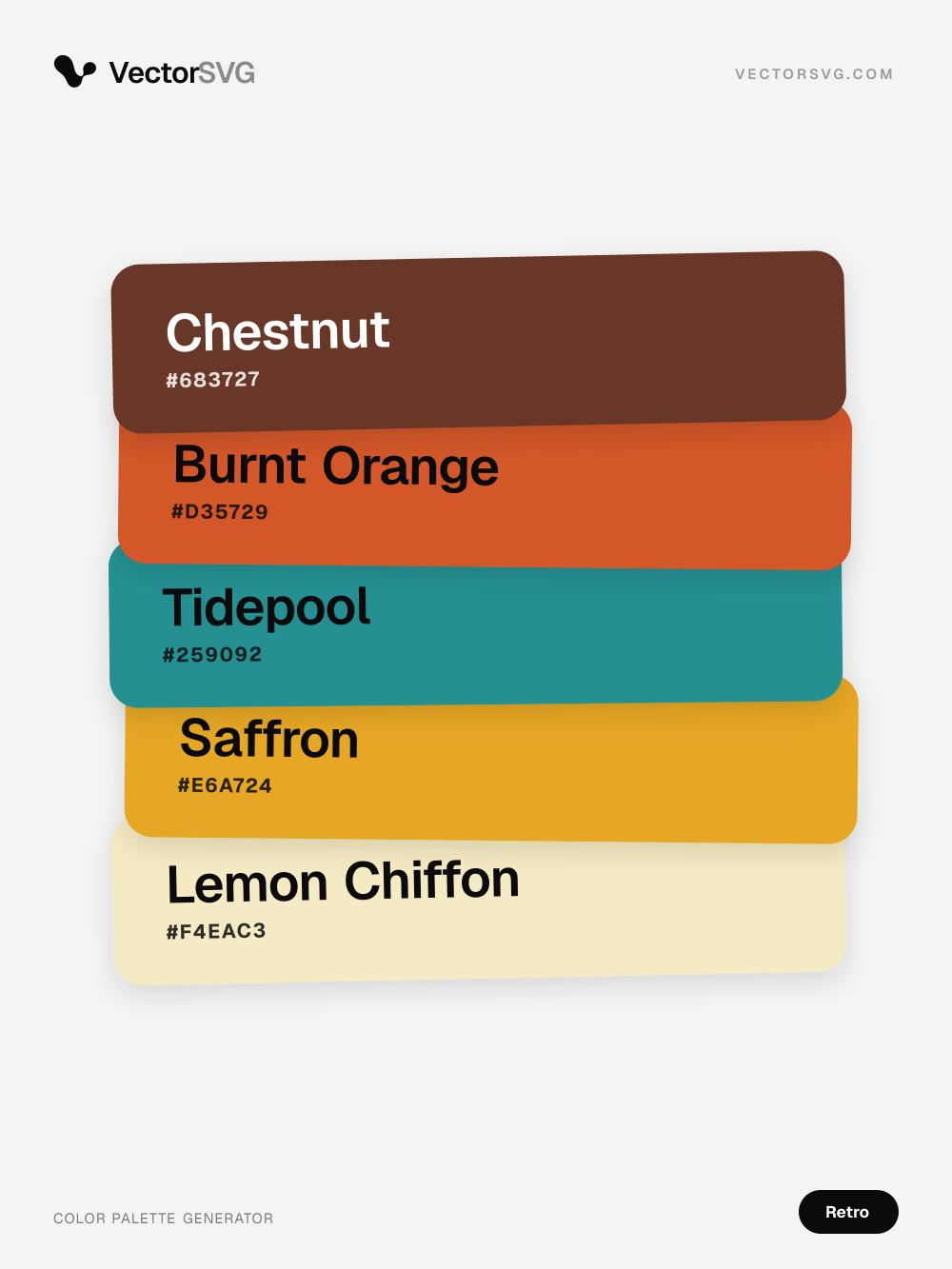 Seventies Kitchen Retro color palette: Chestnut #683727, Burnt Orange #D35729, Tidepool #259092, Saffron #E6A724, Lemon Chiffon #F4EAC3 Seventies Kitchen Retro color palette: Chestnut #683727, Burnt Orange #D35729, Tidepool #259092, Saffron #E6A724, Lemon Chiffon #F4EAC3