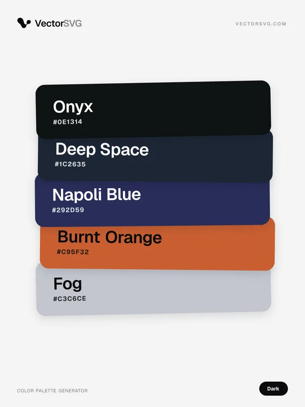 Farbpalette Shadow Club (Dunkel): Onyx #0E1314, Deep Space #1C2635, Napoli Blue #292D59, Burnt Orange #C95F32, Fog #C3C6CE