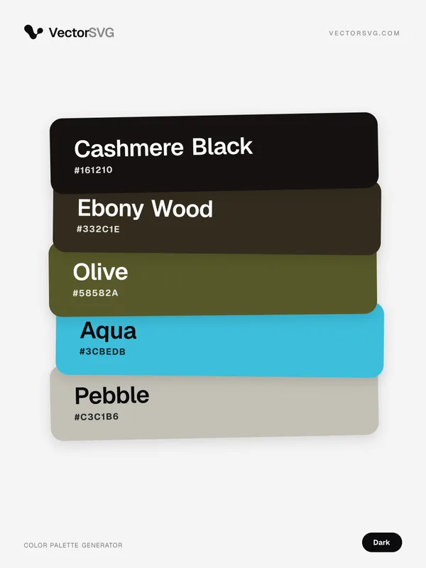 Farbpalette Shadow Mode (Dunkel): Cashmere Black #161210, Ebony Wood #332C1E, Olive #58582A, Aqua #3CBEDB, Pebble #C3C1B6
