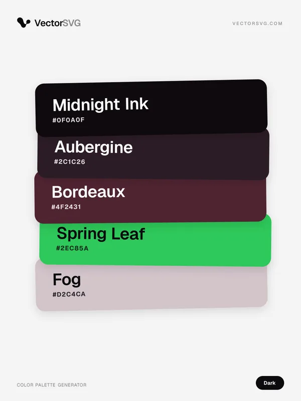 Farbpalette Smoky Code (Dunkel): Midnight Ink #0F0A0F, Aubergine #2C1C26, Bordeaux #4F2431, Spring Leaf #2EC85A, Fog #D2C4CA