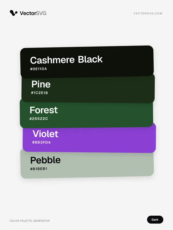 Farbpalette Smoky Velvet (Dunkel): Cashmere Black #0E110A, Pine #1C2E18, Forest #25522C, Violet #8B3FD4, Pebble #B1BEB1
