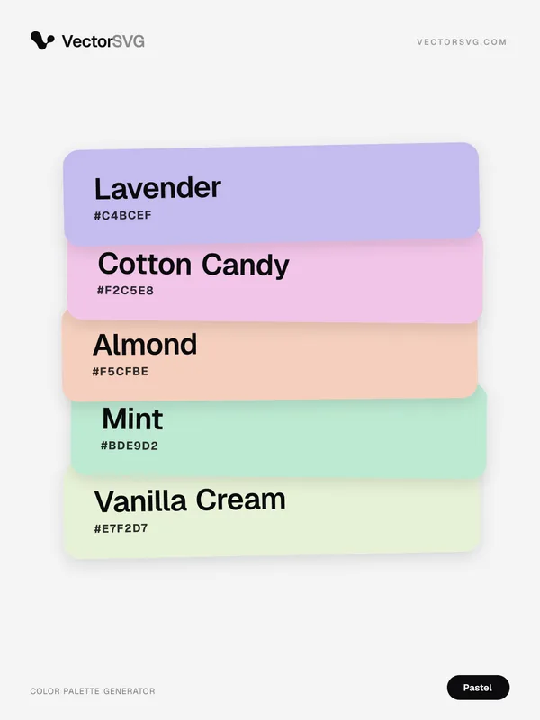 Farbpalette Soft Macaron (Pastell): Lavender #C4BCEF, Cotton Candy #F2C5E8, Almond #F5CFBE, Mint #BDE9D2, Vanilla Cream #E7F2D7 Farbpalette Soft Macaron (Pastell): Lavender #C4BCEF, Cotton Candy #F2C5E8, Almond #F5CFBE, Mint #BDE9D2, Vanilla Cream #E7F2D7
