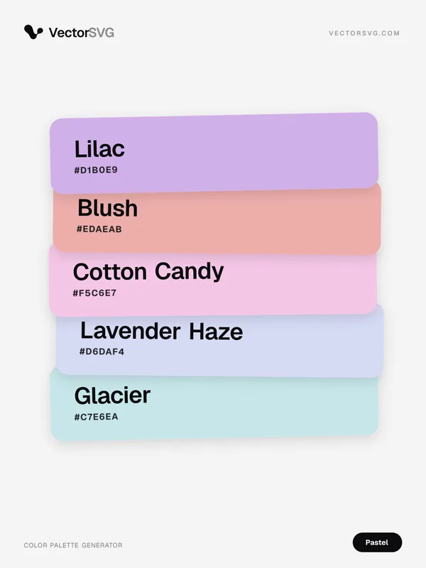 Sugar Bloom Pastel color palette: Lilac #D1B0E9, Blush #EDAEAB, Cotton Candy #F5C6E7, Lavender Haze #D6DAF4, Glacier #C7E6EA