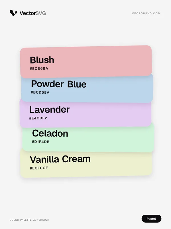 Sugar Bloom Pastel color palette: Blush #ECB6BA, Powder Blue #BCD5EA, Lavender #E4CBF2, Celadon #D1F4DB, Vanilla Cream #ECF0CF