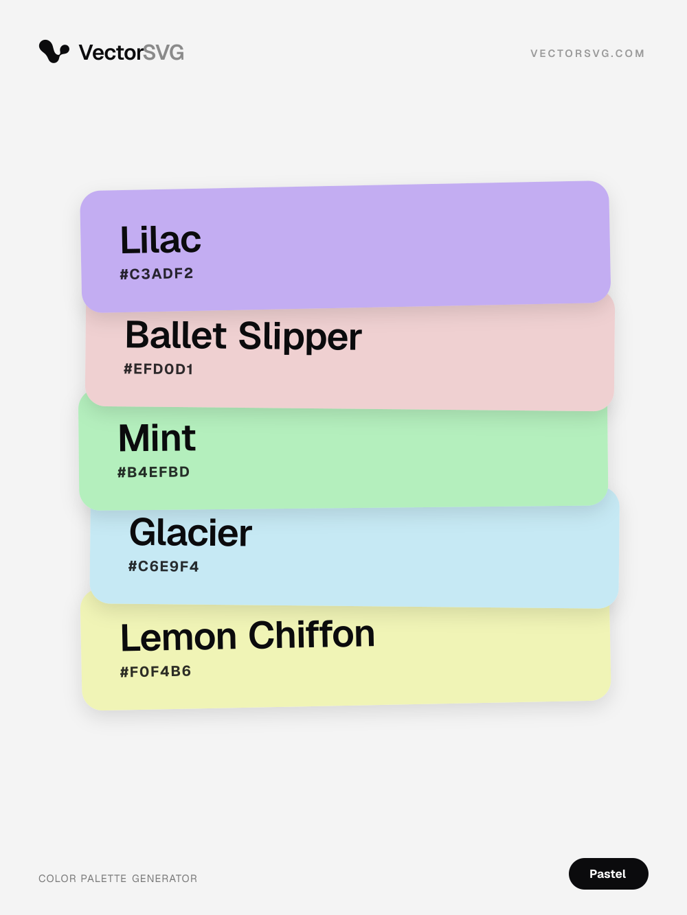 Farbpalette Sugar Macaron (Pastell): Lilac #C3ADF2, Ballet Slipper #EFD0D1, Mint #B4EFBD, Glacier #C6E9F4, Lemon Chiffon #F0F4B6 Farbpalette Sugar Macaron (Pastell): Lilac #C3ADF2, Ballet Slipper #EFD0D1, Mint #B4EFBD, Glacier #C6E9F4, Lemon Chiffon #F0F4B6