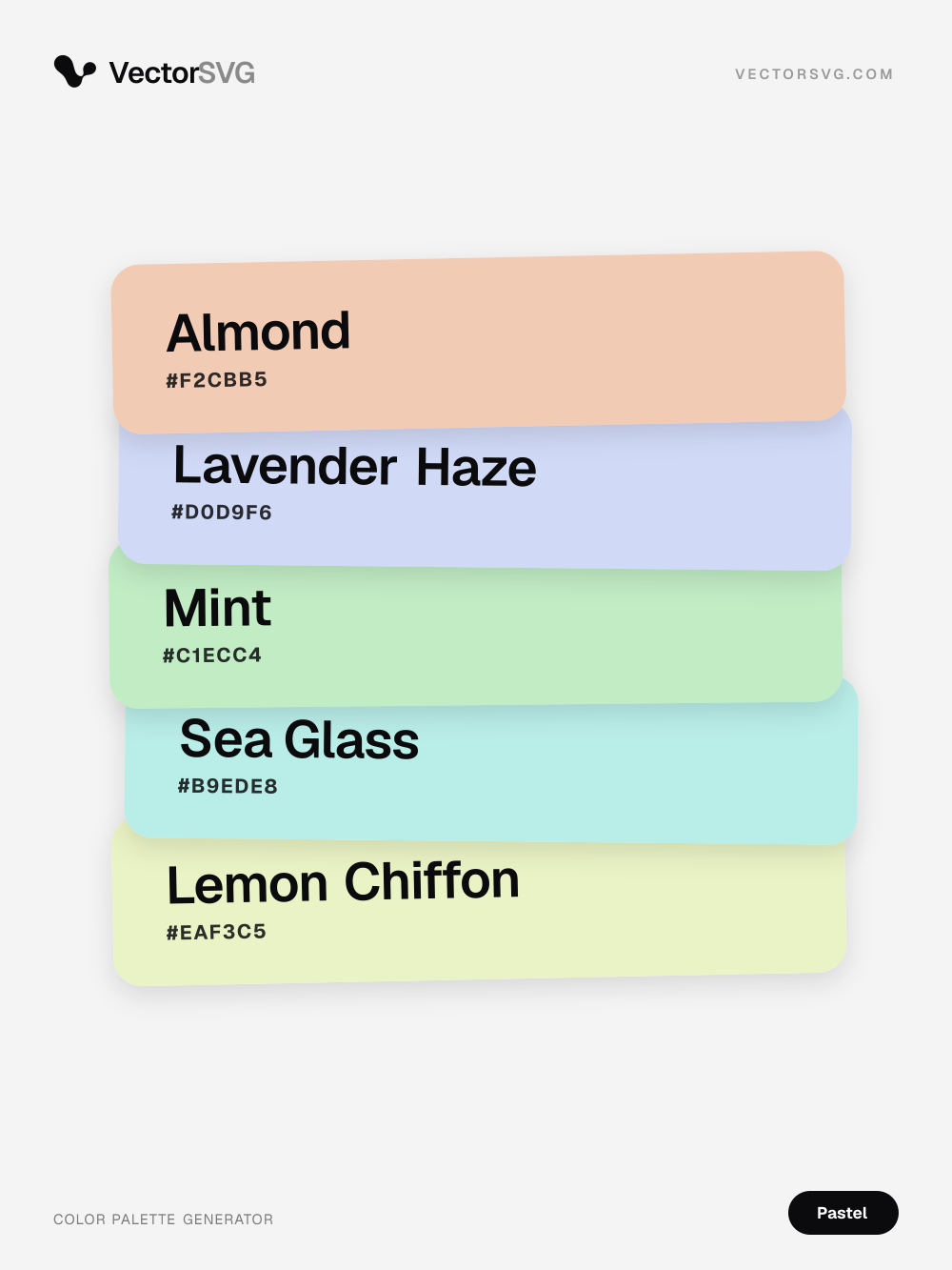 Farbpalette Sugar Petal (Pastell): Almond #F2CBB5, Lavender Haze #D0D9F6, Mint #C1ECC4, Sea Glass #B9EDE8, Lemon Chiffon #EAF3C5 Farbpalette Sugar Petal (Pastell): Almond #F2CBB5, Lavender Haze #D0D9F6, Mint #C1ECC4, Sea Glass #B9EDE8, Lemon Chiffon #EAF3C5