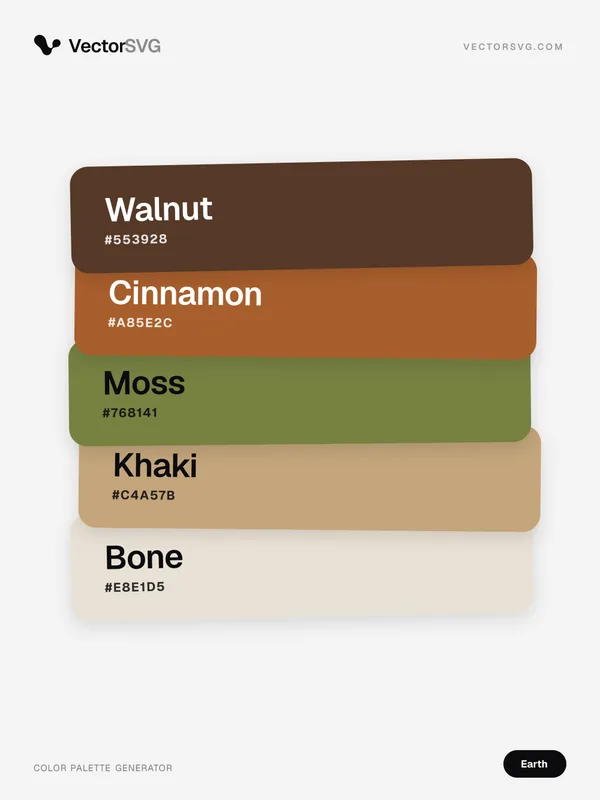 Farbpalette Terra Trail (Erdtöne): Walnut #553928, Cinnamon #A85E2C, Moss #768141, Khaki #C4A57B, Bone #E8E1D5 Farbpalette Terra Trail (Erdtöne): Walnut #553928, Cinnamon #A85E2C, Moss #768141, Khaki #C4A57B, Bone #E8E1D5
