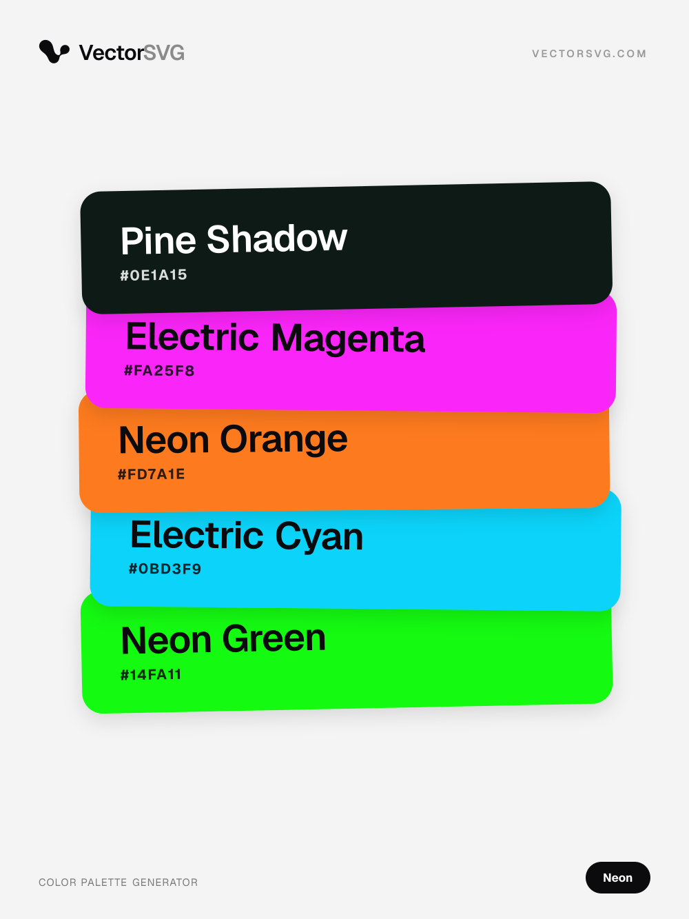 Farbpalette Ultra Arcade (Neon): Pine Shadow #0E1A15, Electric Magenta #FA25F8, Neon Orange #FD7A1E, Electric Cyan #0BD3F9, Neon Green #14FA11 Farbpalette Ultra Arcade (Neon): Pine Shadow #0E1A15, Electric Magenta #FA25F8, Neon Orange #FD7A1E, Electric Cyan #0BD3F9, Neon Green #14FA11