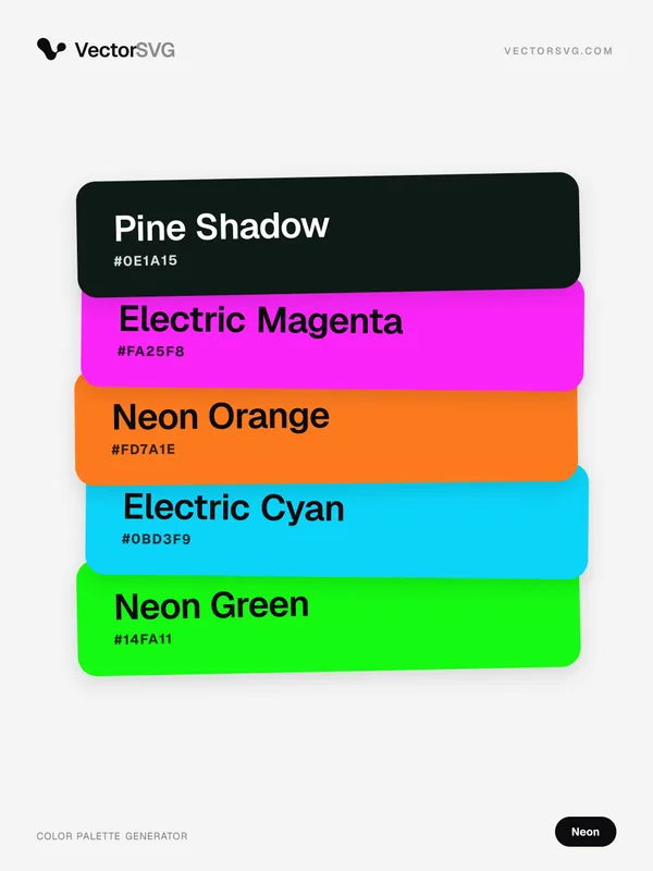 Farbpalette Ultra Arcade (Neon): Pine Shadow #0E1A15, Electric Magenta #FA25F8, Neon Orange #FD7A1E, Electric Cyan #0BD3F9, Neon Green #14FA11 Farbpalette Ultra Arcade (Neon): Pine Shadow #0E1A15, Electric Magenta #FA25F8, Neon Orange #FD7A1E, Electric Cyan #0BD3F9, Neon Green #14FA11