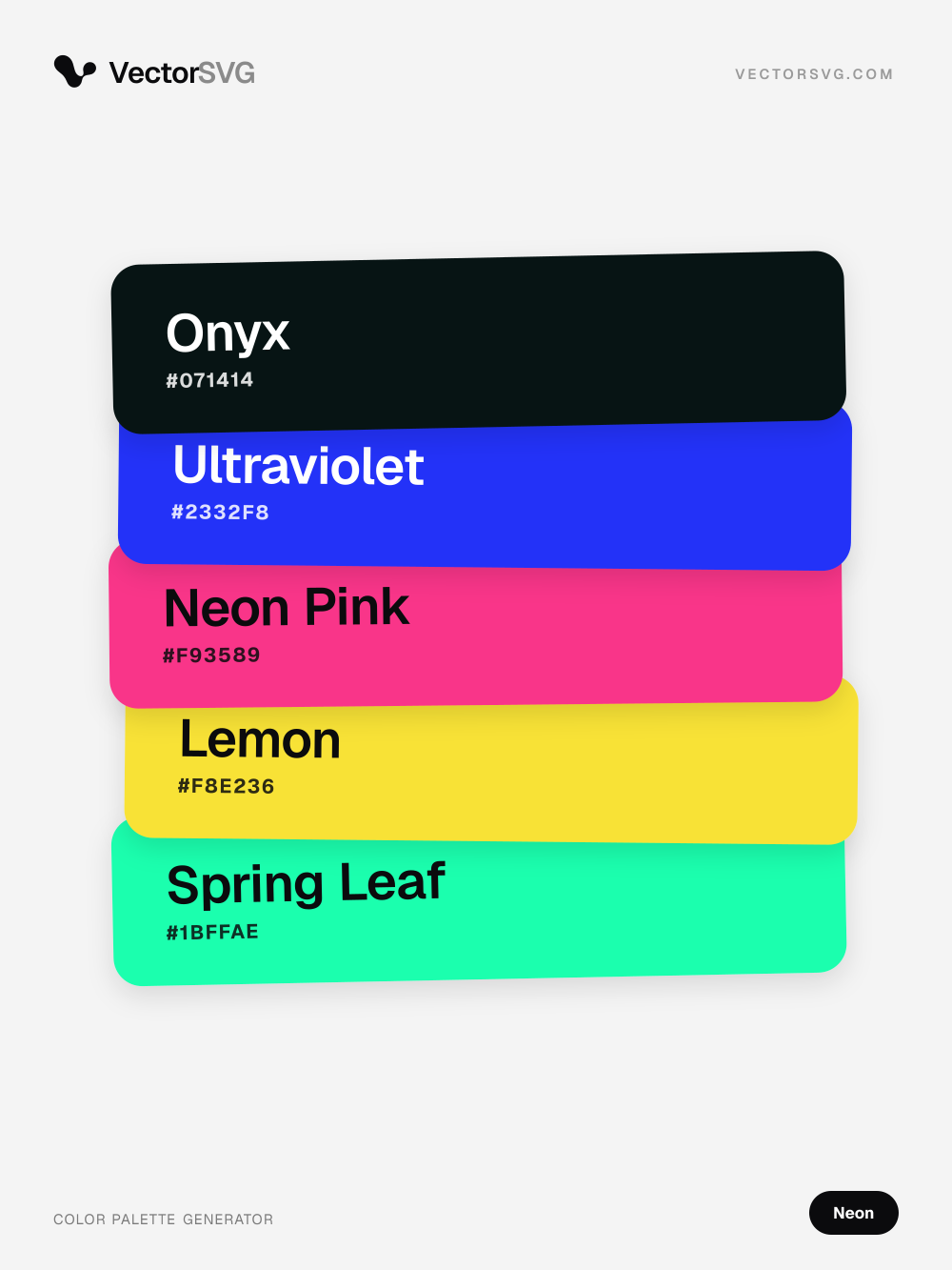 Ultra Synth Neon color palette: Onyx #071414, Ultraviolet #2332F8, Neon Pink #F93589, Lemon #F8E236, Spring Leaf #1BFFAE Ultra Synth Neon color palette: Onyx #071414, Ultraviolet #2332F8, Neon Pink #F93589, Lemon #F8E236, Spring Leaf #1BFFAE