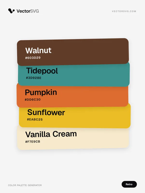 Vinyl Lounge Retro color palette: Walnut #603D29, Tidepool #3D928E, Pumpkin #DD6C30, Sunflower #EABC25, Vanilla Cream #F7E9CB